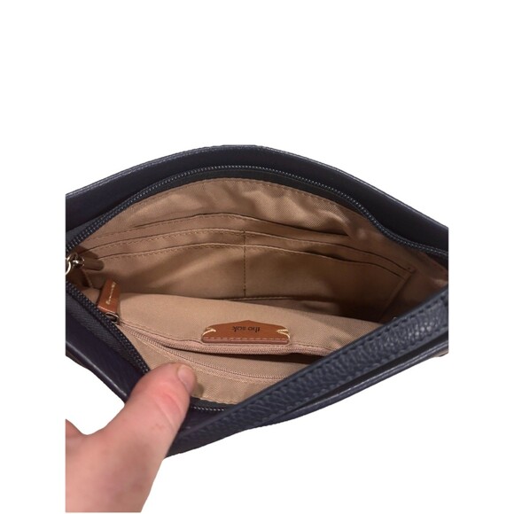 Minimalist THE SAK Flora Soft Leather Small Satchel Crocheted Trim Navy Blue - Picture 4 of 5